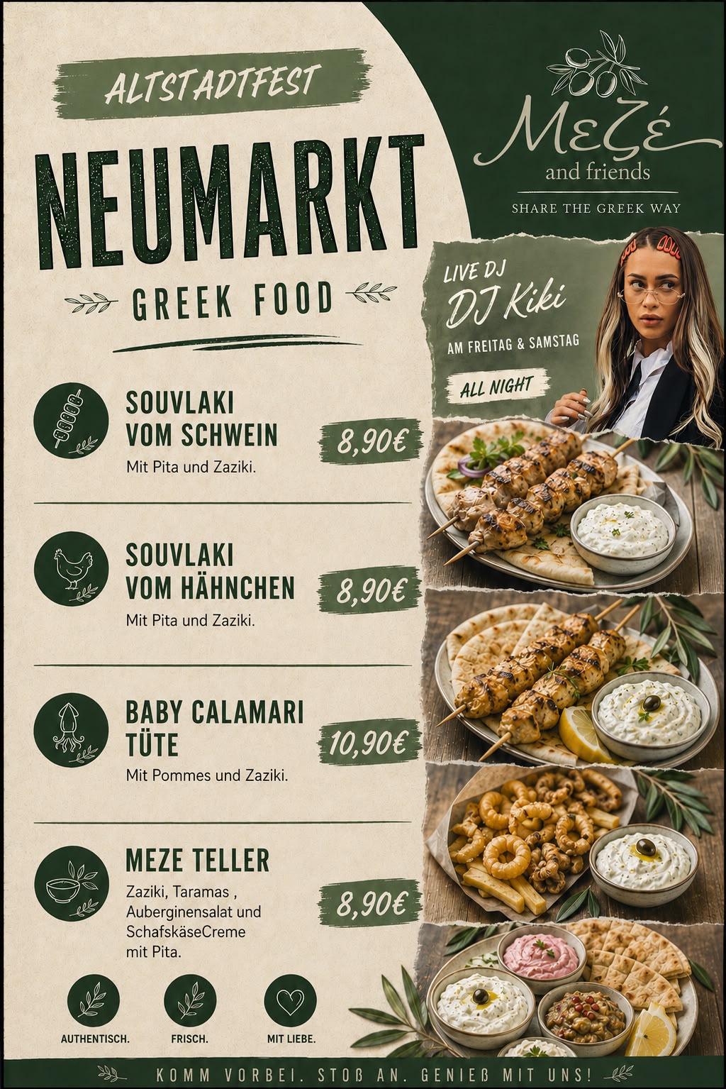 Greek-Food-Karte: Souvlaki, Baby Calamari und Meze Teller