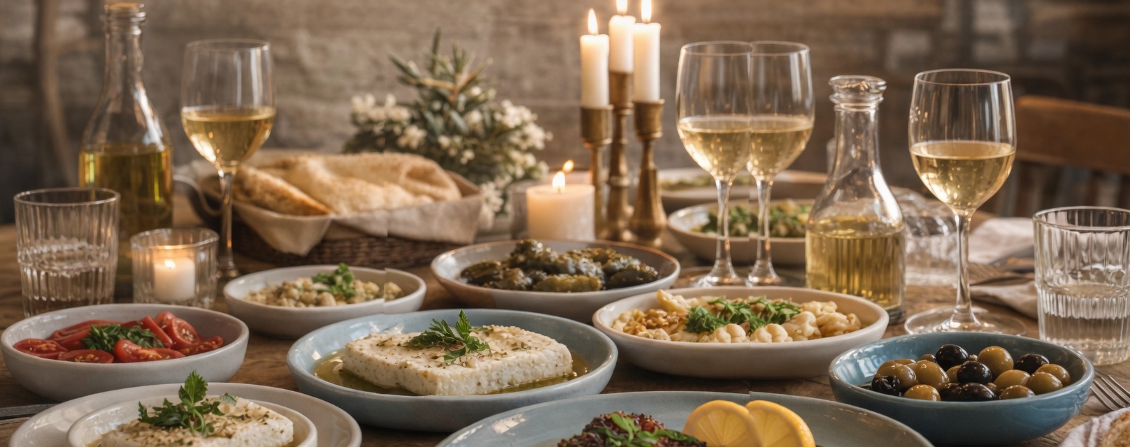 Meze-Auswahl auf dem Tisch — kleine Teller, geteilt in geselliger Runde